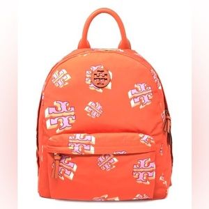 NWT Tory Burch Orange Crazy Logo Allover Ella Backpack